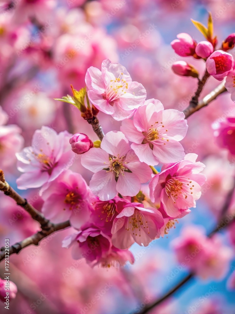 Obraz premium Close-up view of pink cherry blossoms on a tree branch
