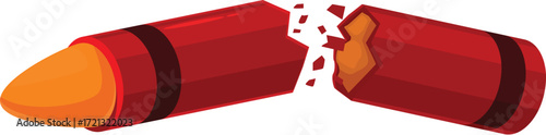 Red crayon breaking into two pieces, isolated on white background, depicting frustration, damage, or art supplies mishap