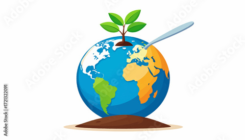Conceptual illustration of nurturing the Earth. A spoon feeding the globe symbolizes global care, sustainable growth, and environmental stewardship for a greener future