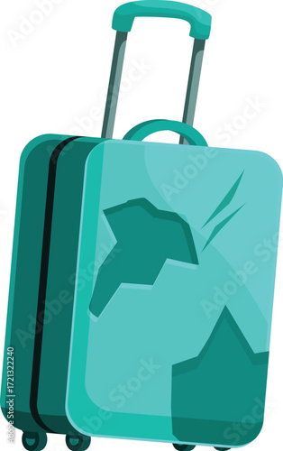 Turquoise rolling suitcase with visible cracks and damage, symbolizing travel mishaps and baggage handling issues