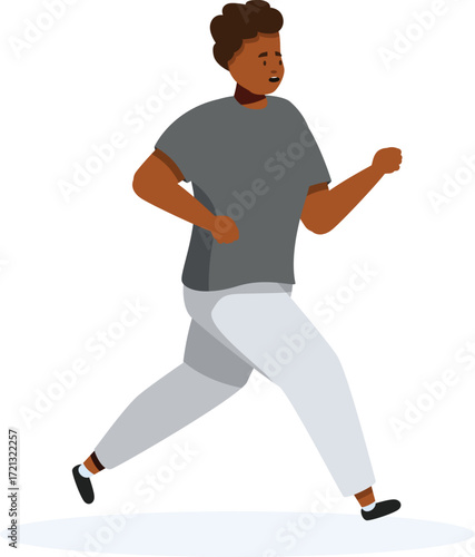 Dark skinned young man running fast, looking worried with a blank expression on his face
