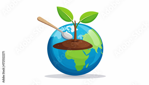 Conceptual illustration of a green sprout growing on planet Earth, symbolizing environmental care, sustainable agriculture, and global growth