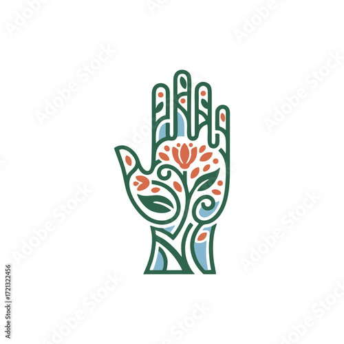 Minimalist vector fertile hand illustration with natural green tone organic plant seed sprout soil growth agriculture farming environment ecology vitality life energy design for wellness therapy