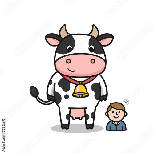Funny cartoon cow with bell and child