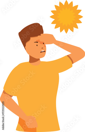 Young man holding hand on forehead suffering from sunstroke or heatstroke on hot summer day, heatstroke symptoms, heat stroke first aid, sun stroke disease