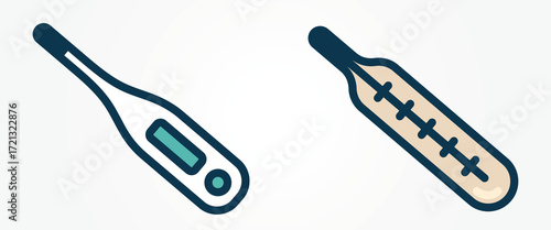 An illustrated set of two thermometers: a modern digital thermometer and a traditional mercury thermometer. Therapy and treatment symbol.