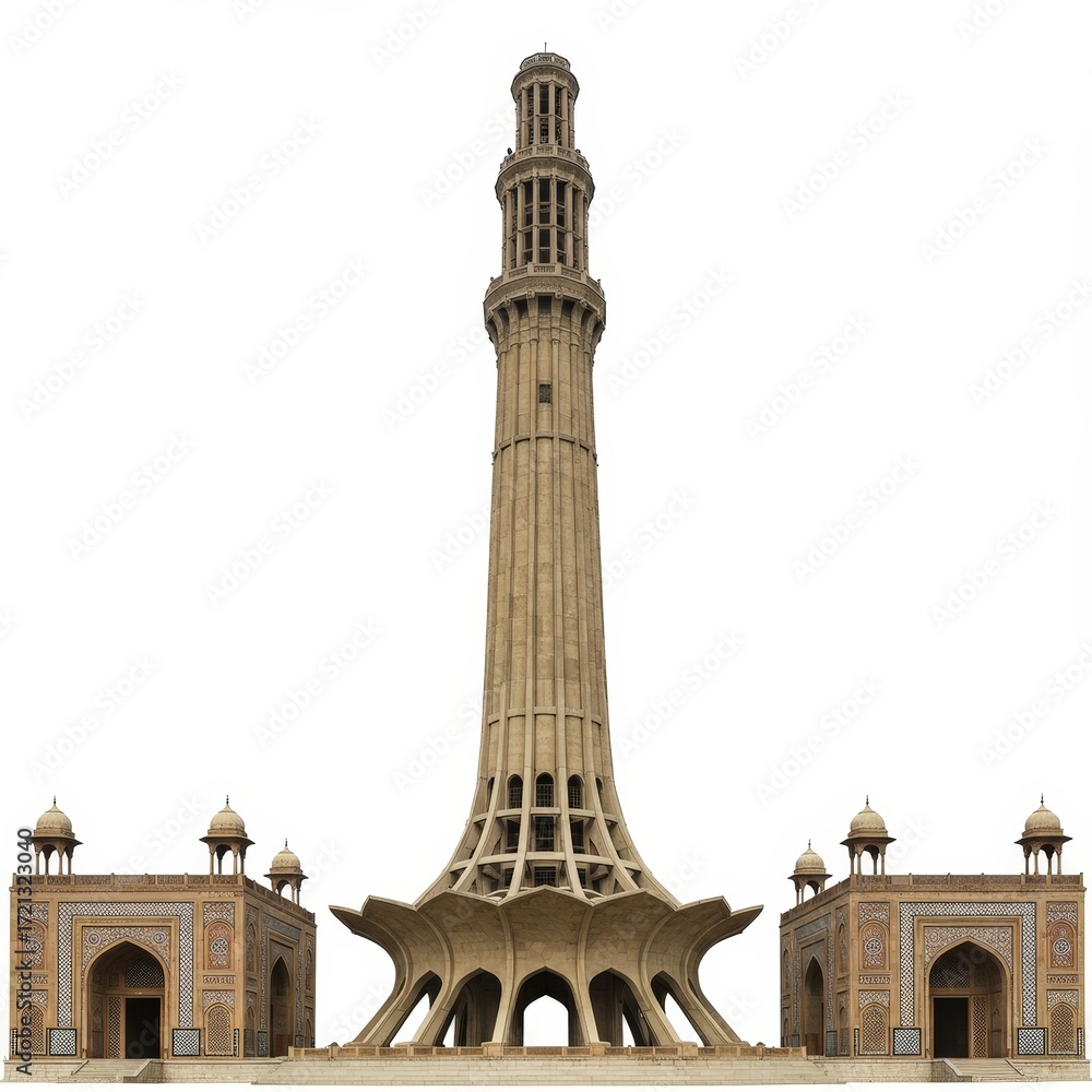 Obraz premium Front view of Minar-e-Pakistan isolated on white background