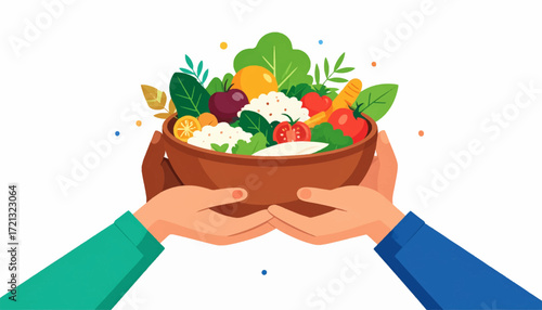 Healthy food illustration with fresh vegetables and fruits in a bowl held by two hands