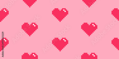 Retro romantic pixel heart seamless pattern for Valentine’s Day. Pastel pink, red 8-bit love icon background.