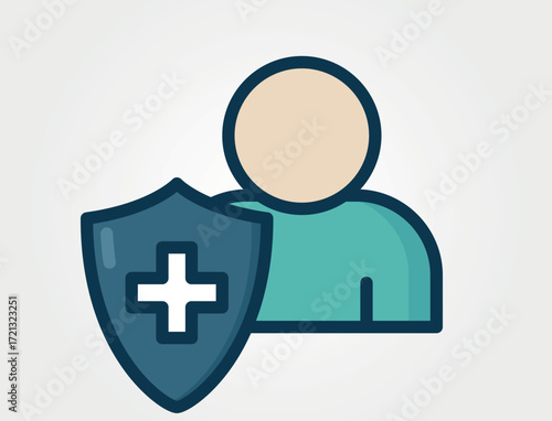 An illustrated icon of a person with a shield with medical cross on it, symbolizing health protection or medical security. Isolated vector image