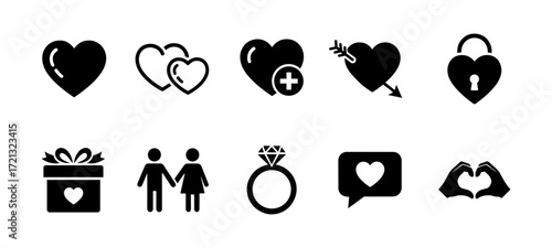Love and romance icon set. Collection of heart, couple, gift, diamond ring, chat, and love symbols in silhouette vector style. Valentine’s Day, wedding, and relationship illustration design.