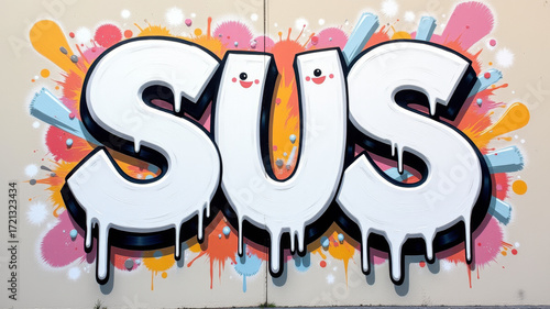 Bold bubble letters with colorful background spelling slang word sus