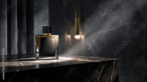 Elegant glass perfume bottle on marble table with mist