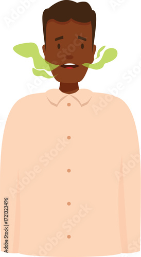 Office worker having halitosis problem, exhaling bad breath with green cloud, isolated on white background