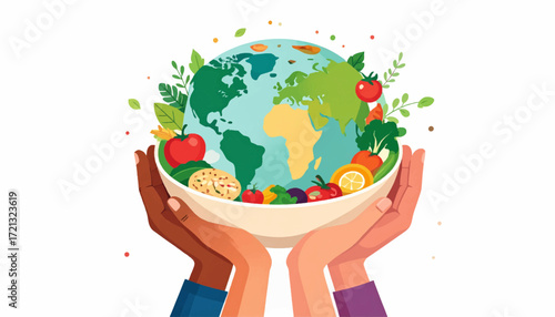 Diverse hands collectively support a vibrant Earth overflowing with fresh, healthy fruits and vegetables, symbolizing global nutrition, wellness, and sustainable food for all