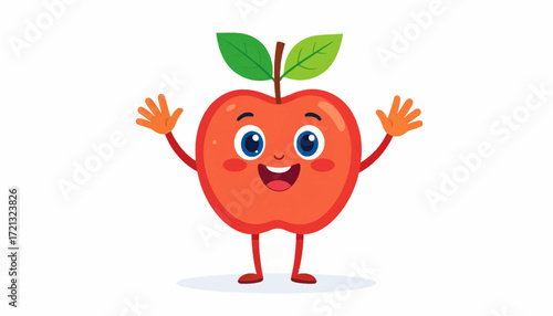 Smiling cartoon red apple character waving hello with bright blue eyes and green leaves, a joyful and friendly fruit mascot illustration perfect for healthy eating concepts and kids' projects