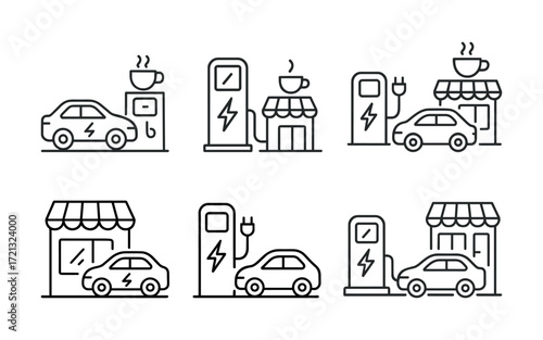 Set of electric car charging station icons with cafe and coffee symbols. Black outline vector illustrations of eco transport and power supply at public locations.