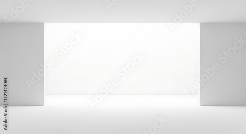 An abstract architectural interior with bright white walls and an opening leading to a luminous space, suggesting openness and modern design