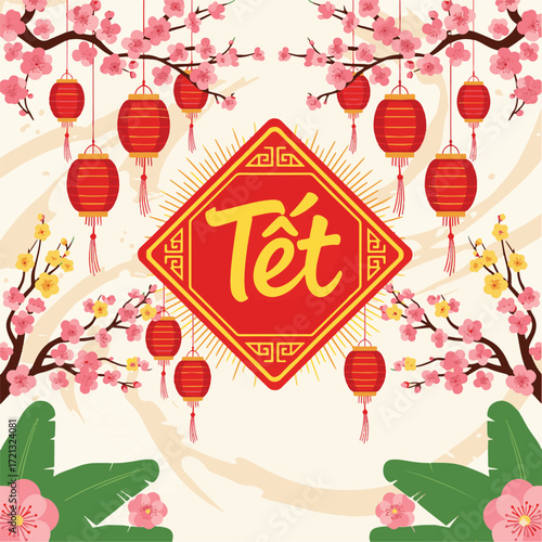 A beautiful and festive background for the Vietnamese New Year (Tet) with hanging lanterns and blooming apricot flowers. vector illustration