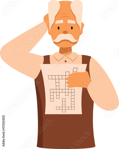 Senior man concentrating on crossword puzzle, experiencing difficulties in finding solutions