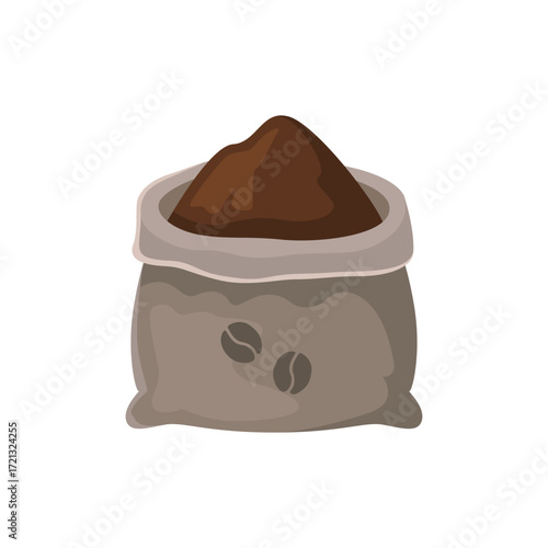 A sack filled with brown coffee grounds and two coffee beans