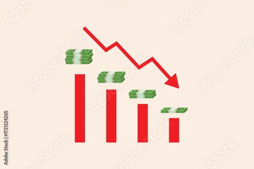 vector flat design cartoon of Money Down Trend bar chart with decreasing stacks of cash,Vector flat design isolated