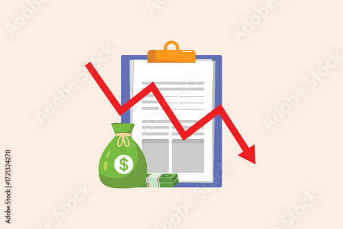 vector flat design cartoon of Money Down Trend financial report with money loss,Vector flat design isolated