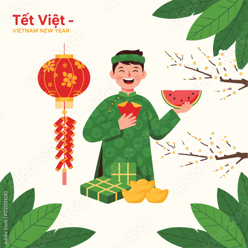 A cute cartoon boy in traditional Vietnamese dress celebrating Tet with lucky money, firecrackers, and holiday food. vector illustration