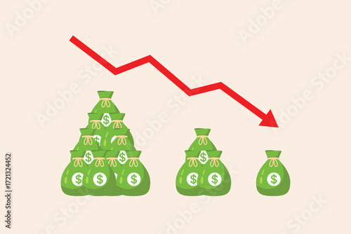 vector flat design cartoon of Money Down Trend multiple money bags decreasing,Vector flat design isolated