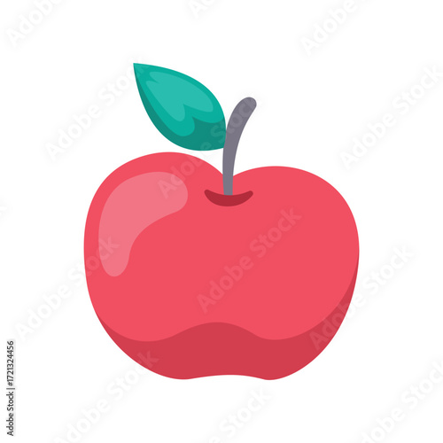 A red apple with a green leaf and a gray stem on a white background