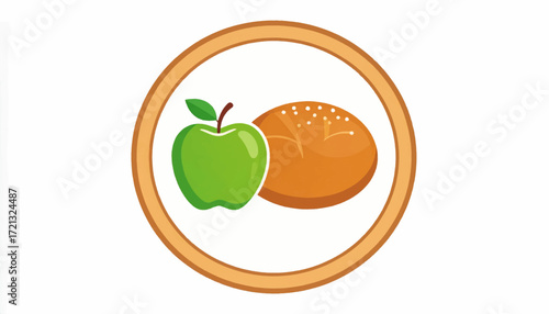Healthy food icon with green apple and bread roll. Simple flat vector illustration representing a balanced diet, lunch, or snack isolated on white