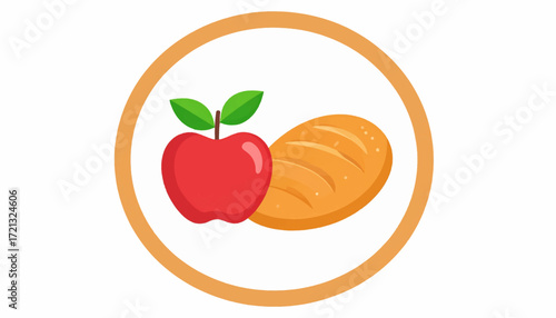 Iconic representation of staple foods featuring a fresh red apple and a loaf of bread, symbolizing nutrition, a balanced diet, and healthy eating