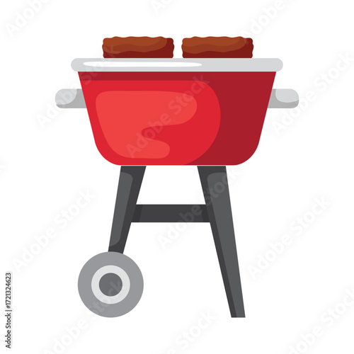 A red charcoal grill with two burgers on top and one wheel