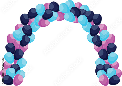 Festive arch made of pink, blue, and dark blue balloons creates a celebratory atmosphere