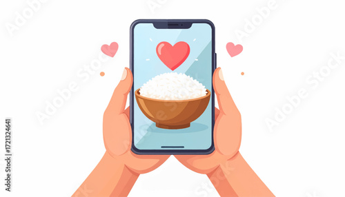 Love Rice Concept Hands Holding Smartphone with Heart and Rice Bowl