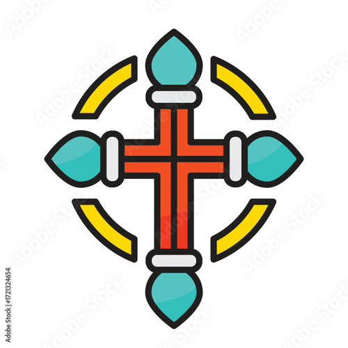 A red cross with teal finials and yellow arcs