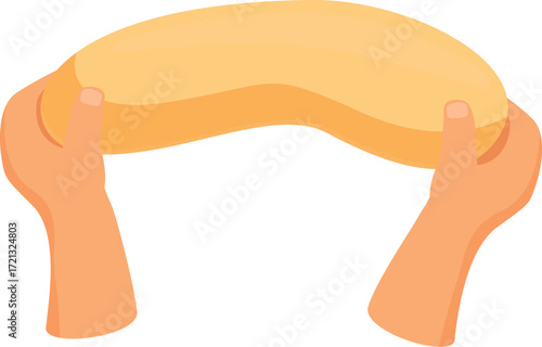 Hands holding a freshly baked long loaf of bread, representing baking and bakery products