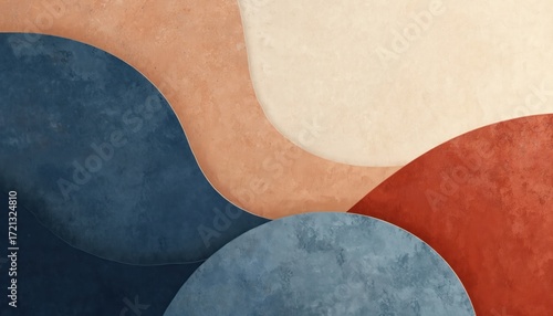 Abstract illustration features curved shapes in blue, beige, and red with a rough, textured look. Modern, contemporary design with bold colors and dynamic movement, suitable for wallpaper or decor.