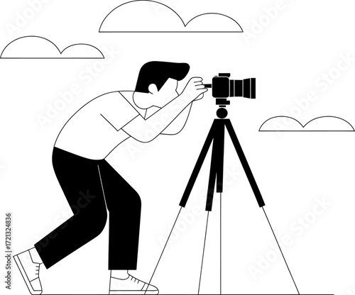 Photographer using DSLR camera on tripod outdoor nature scene Line art illustration Simple minimalist style Vector graphic