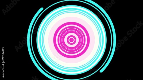 Vibrant, concentric rings in pink, blue, and black expanding and rotating, creating a hypnotic abstract background.