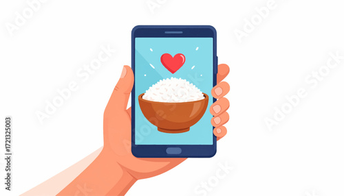 Illustration of a hand holding a smartphone with a bowl of rice and a heart icon on the screen, concept for food delivery or nutrition app