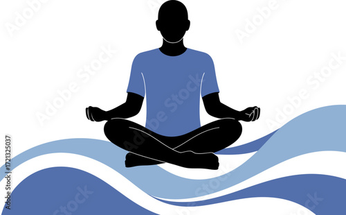 Man meditating on waves ocean water Yoga pose silhouette Vector illustration Minimalist design