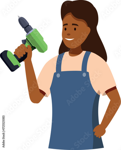 Confident woman worker holding a cordless drill, showcasing her expertise in the construction industry