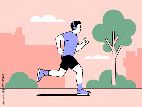 Man jogging in park headphones urban landscape Minimalist vector illustration