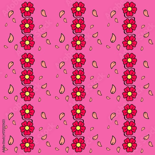 seamless floral pattern, Vertical rows of red flowers with yellow centers on a pink background, forming a seamless pattern
