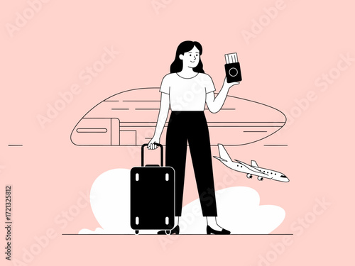 Woman holding passport and suitcase Travel planning concept Line art illustration Pink background