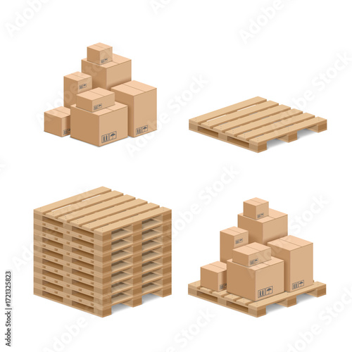 Set of isometric cardboard boxes on a wooden pallet. Isolated on a white background. Cargo storage in industrial warehouses and logistics. Vector illustration