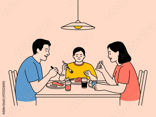 Happy family eating dinner together at home table modern illustration vector graphic design