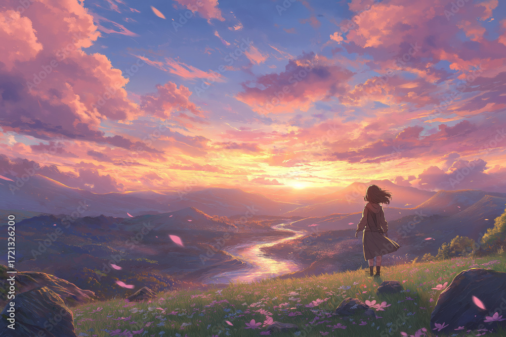 Obraz premium anime wallpaper featuring a serene landscape with soft pastel skies