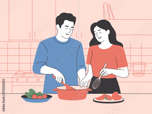 Couple cooking together in kitchen minimalist line art illustration Vector graphic design 